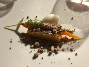 Piccione, bieta alla menta sorbetto ai gelsi e cialda di pasta